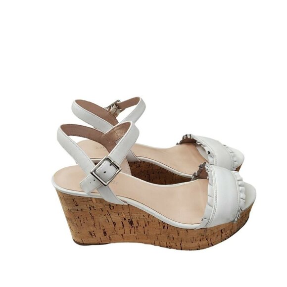 Kate Spade Tomas Wedges Sandals 8.5 White Cork Platform‎ Heel Leather Open-Toe - Picture 6 of 12